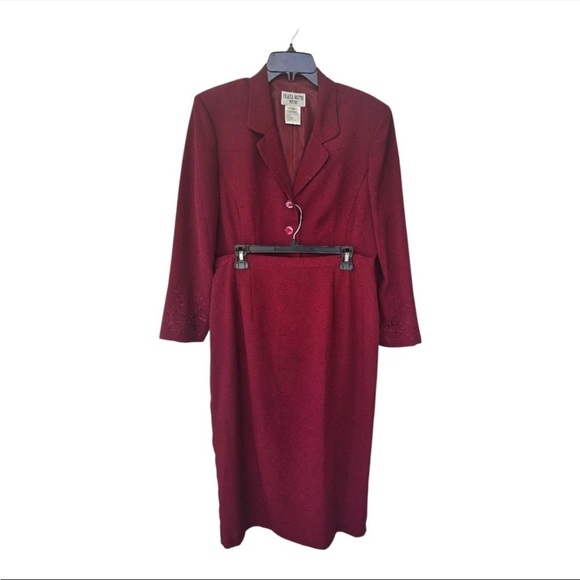 VTG Plaza South 2Piece Skirt Suit 14P Red Embroidery Long Sleeve Button Up - Picture 1 of 13